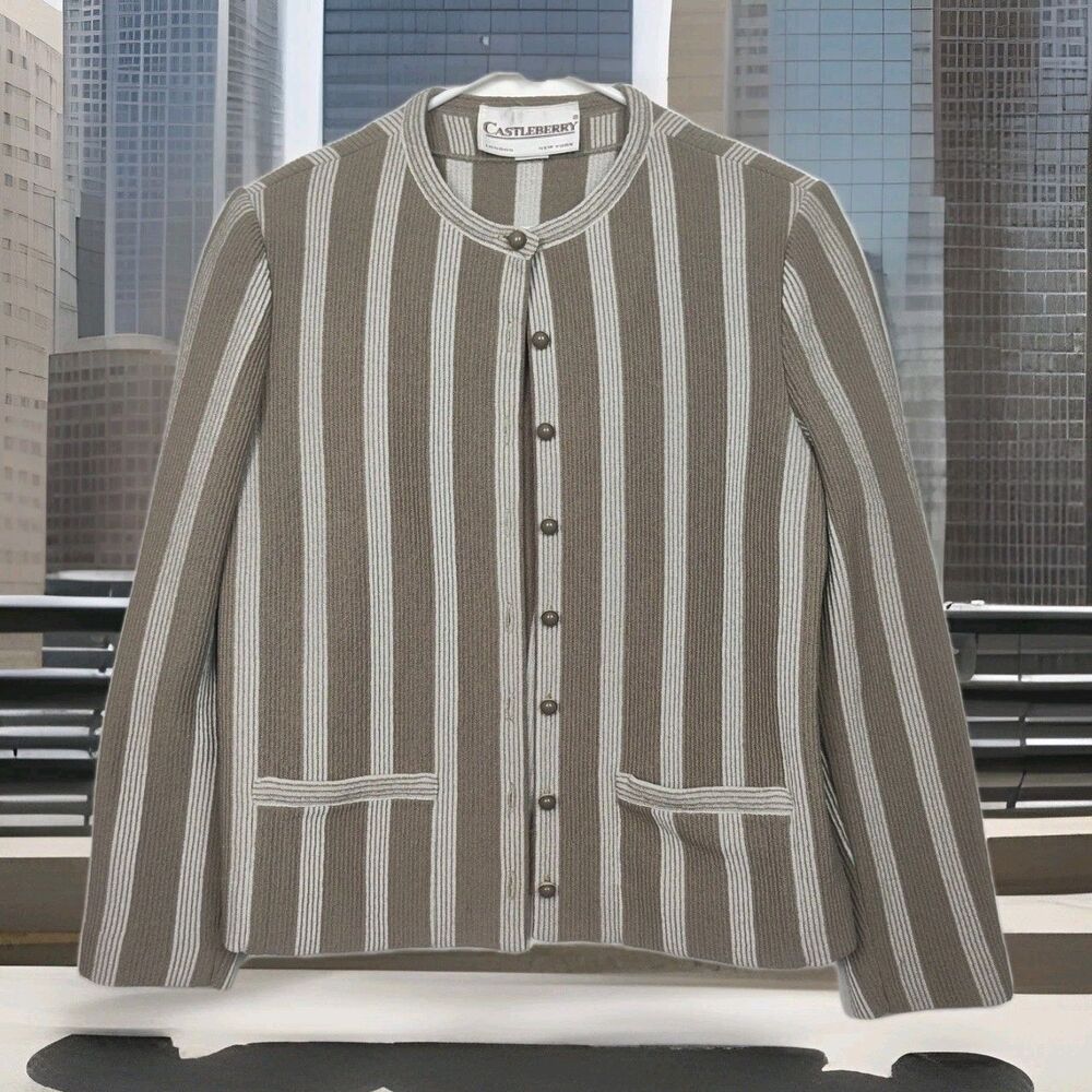 VTG Castleberry London New York Button-up Cardigan Blazer, M, brown stripes